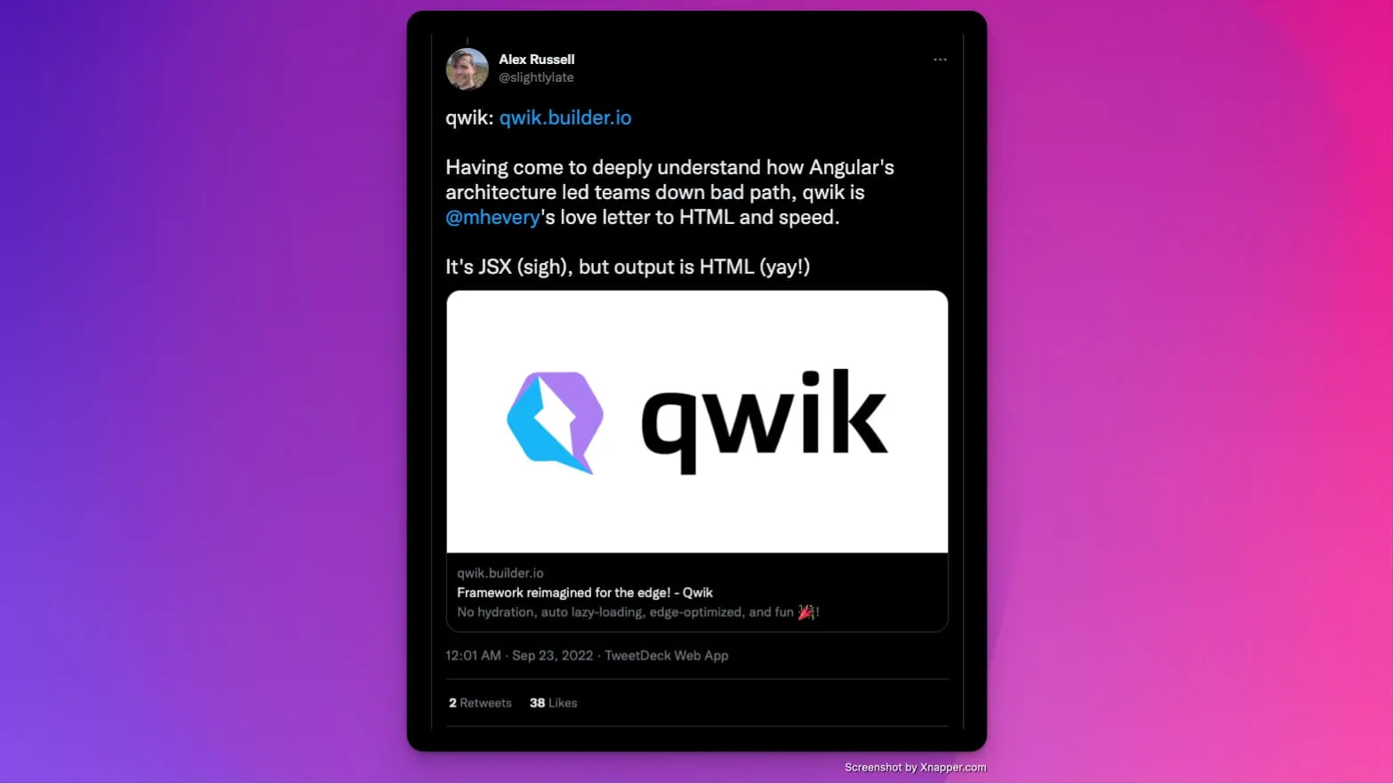 Tweet By Alex Russell about Qwik