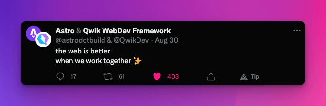 Astro / Qwik shared tweet