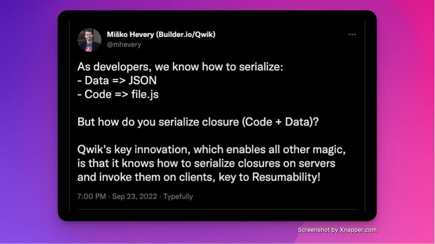 Tweet By Misko Hevery about resumability